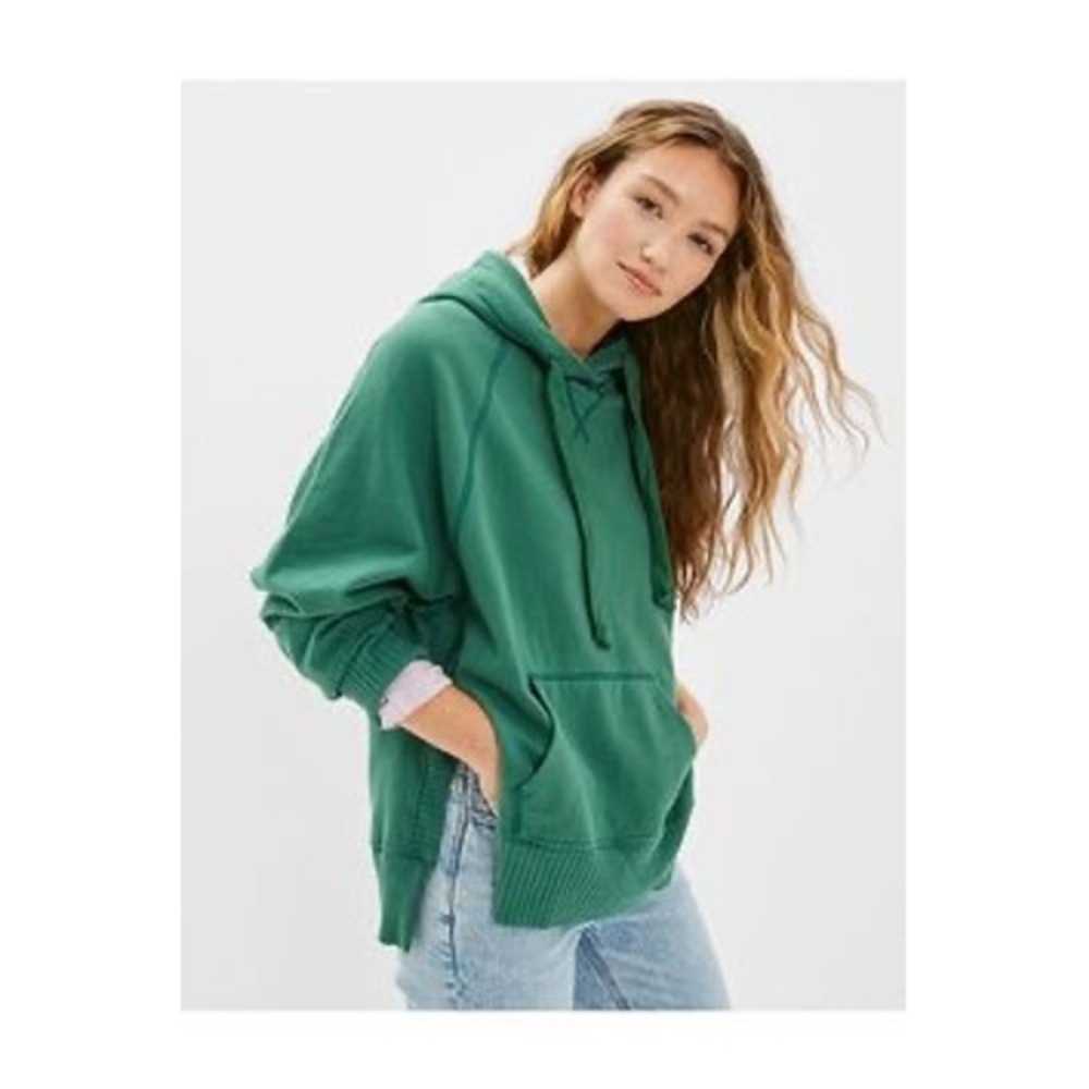 American Eagle Women Green Oversized Ribbed Side Split Hem Hoodie XS